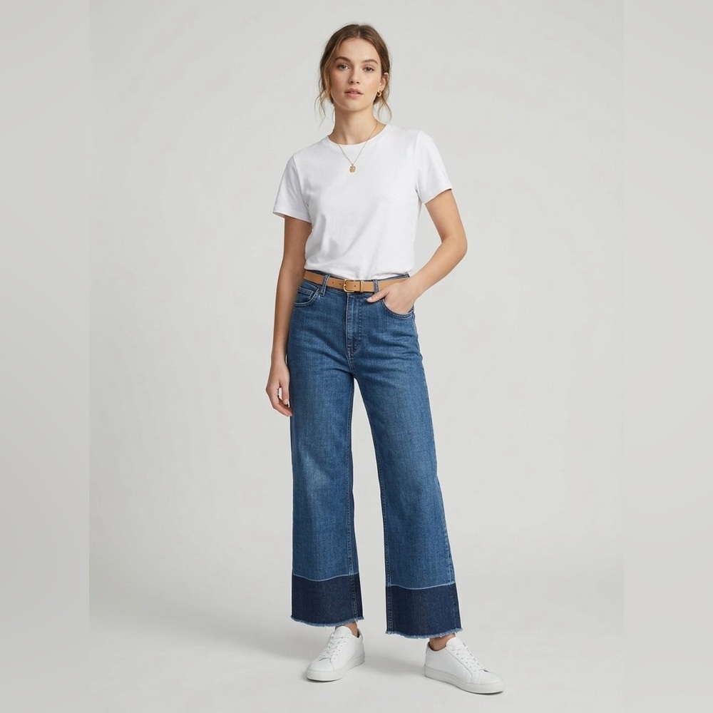 Maje Paris High Rise Wide Leg Jeans EU 36 US size 2-4 Two Tone Released Raw Hem